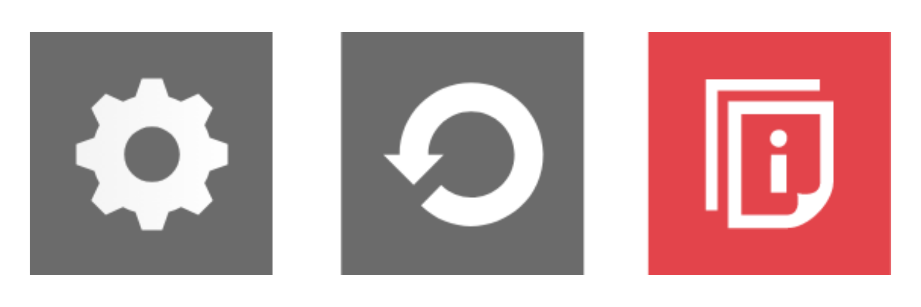 3 ReciteMe setting icons. First icon, grey square with a white cog symbol. Second icon, grey square with a white arrow in a circle. Third icon, red square with a white paper icon with an 'i' on the paper.
