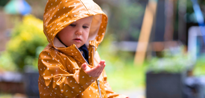 Young girl outdoors in a yellow raincoat looking at her hand