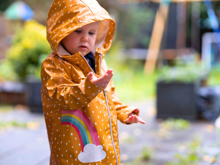 Young girl outdoors in a yellow raincoat looking at her hand